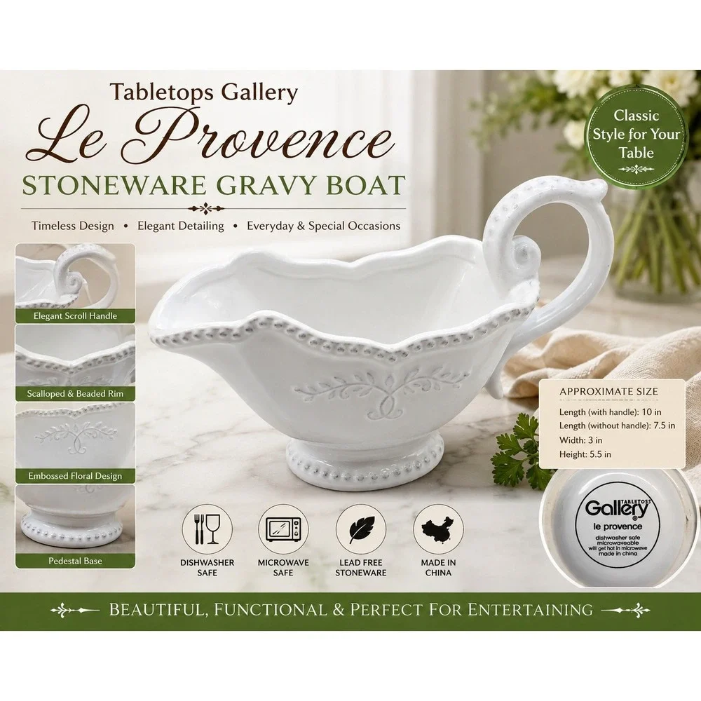 Tabletops Gallery Le Provence White Stoneware Gravy Boat Scalloped Beaded Floral